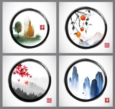 Dört illüstrasyon Dağları ve ağaçları geleneksel oryantal mürekkep boyama sumi-e, u-sin, go-hua siyah enso zen daire ile. Hiyeroglif - mutluluk, nimet içerir