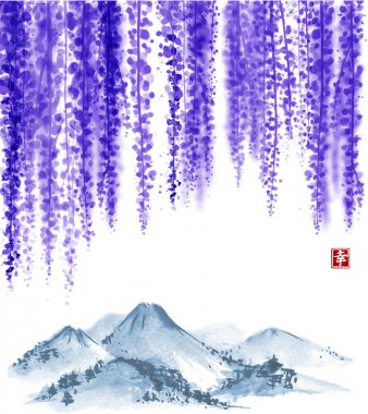 Wisteria çiçeği ve pirinç kağıdı arka plan: Fujiyama dağda. Geleneksel oryantal mürekkep boyama sumi-e, u-sin, go-hua. Hiyeroglif - mutluluk içerir