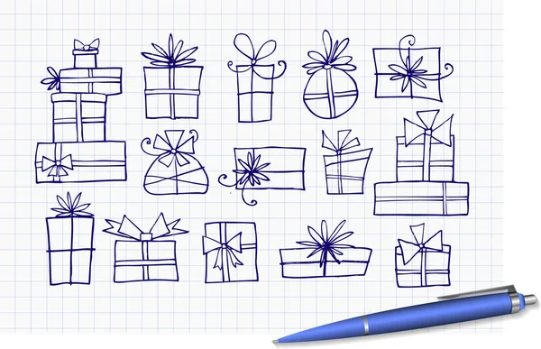 Doodle Pen Sketch Kerst Geschenkdozen Gelinieerd Papier — Stockvector