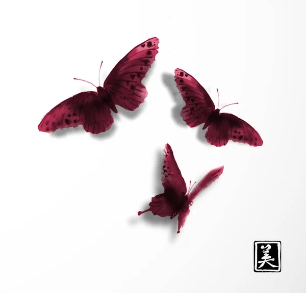 Mariposas Rojas Oscuras Dibujadas Mano Con Tinta Sobre Fondo Blanco — Vector de stock
