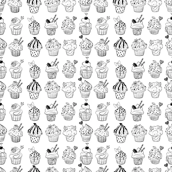 Fondo Sin Costuras Con Cupcakes Doodle Sketch Sobre Fondo Blanco — Archivo Imágenes Vectoriales