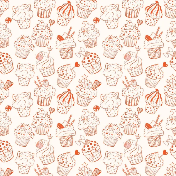 Fondo Sin Costuras Con Rosado Doodle Sketch Cupcakes Sobre Fondo — Archivo Imágenes Vectoriales