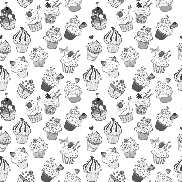 Nahtloser Hintergrund Mit Doodle Skizze Cupcakes Auf Weißem Hintergrund — Stockvektor