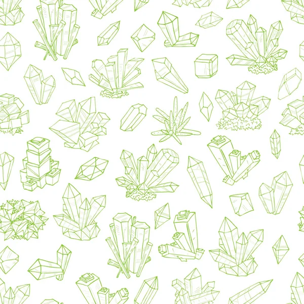 白色背景上有绿色涂鸦水晶的无缝背景 — 图库矢量图片