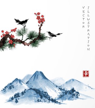 Kış dağlar, çam ağacı şube sakura kiraz ağacı çiçeği ve antika arka plan üzerinde küçük siyah kuşlar illüstrasyon vektör.