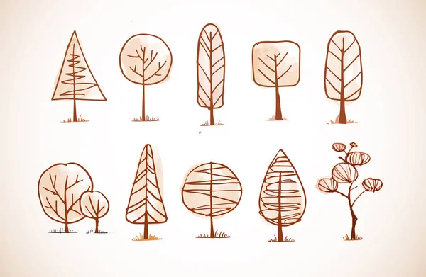 Conjunto Árvores Esboçadas Sobre Fundo Branco Ilustração Vetorial — Vetor de Stock