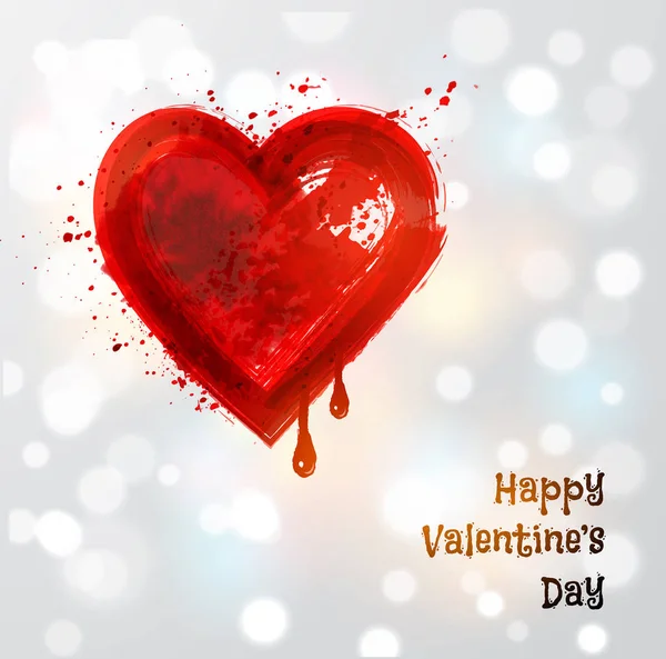 Valentine Day Greeting Card Red Blood Grunge Heart White Glowing — Stock Vector