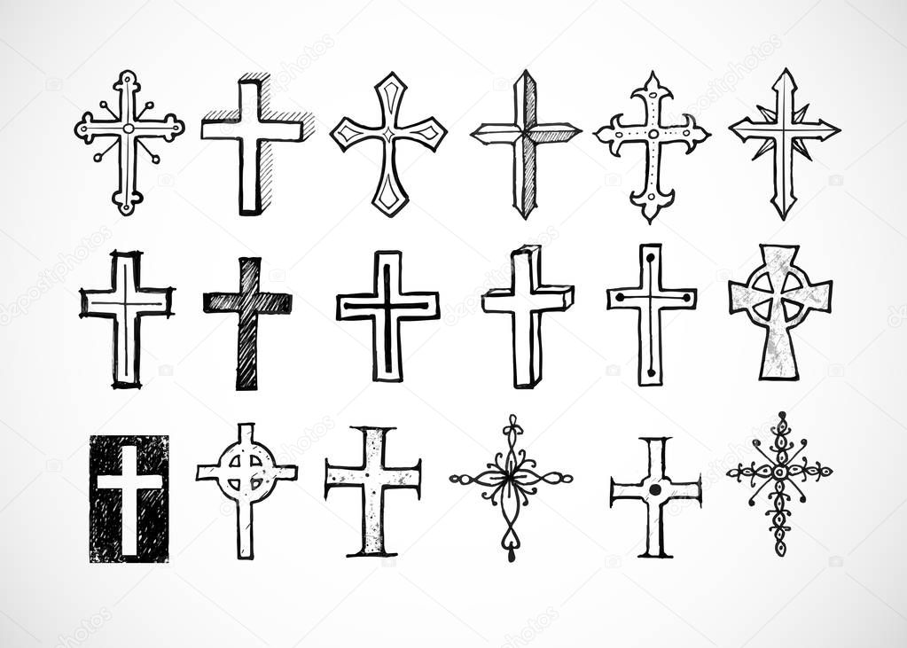set of doodle sketch crosses, vector illustration.
