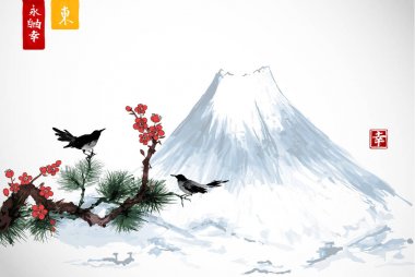 Kış dağlar, çam ağacı şube sakura kiraz ağacı çiçeği ve antika arka plan üzerinde küçük siyah kuşlar illüstrasyon vektör.