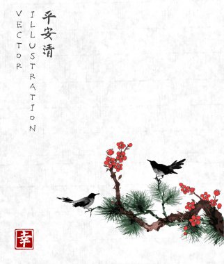 Çamın dalları Japon tarzı kuşlar çizim suluboya