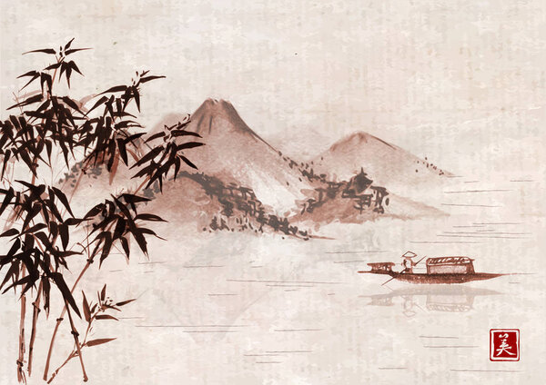 Watercolor drawing of seascape with mountains and boat in japanese style