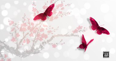 Sakura çiçeği ve üç büyük kırmızı kelebekler. Geleneksel oryantal mürekkep boyama sumi-e, u-sin, go-hua. Hiyeroglif - çift şans içerir
