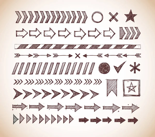 Set Doodle Arrow Dividers Pointers Danger Tape Design Elements Brown — Stock Vector