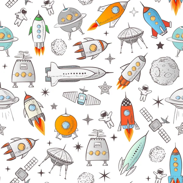Seamless Background Space Rockets Astronauts Satellites Stars Other Space Objects — Stock Vector
