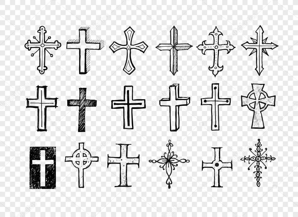 Big set of doodle sketch crosses . Vector illustration.