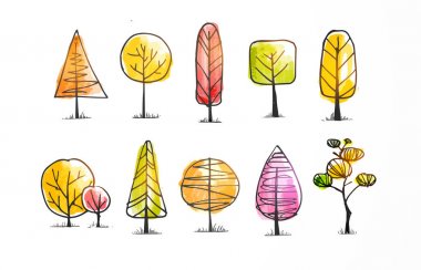 Renkli doodle kroki ağaçlar set