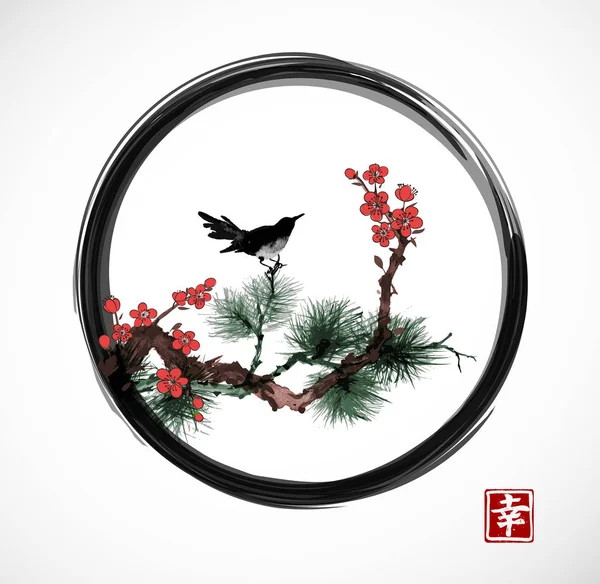 Сакура вишневе дерево і чорний птах — стоковий вектор