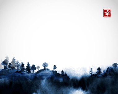 Siyah beyaz manzara suluboya ile hiyeroglif köşesindeki tarafından çizim