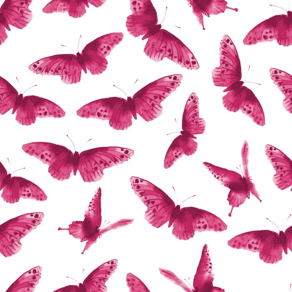 Nahtloser Hintergrund Mit Rosa Schmetterlingen Handgezeichnet Mit Tinte — Stockvektor