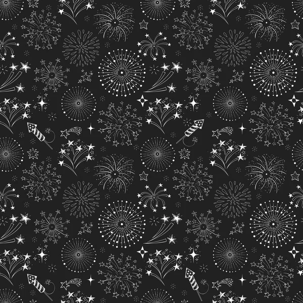 Modèle Sans Couture Avec Feux Artifice Sur Fond Noir — Image vectorielle