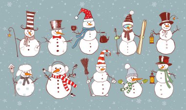 Set of doodle sketch snowmen clipart
