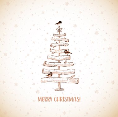 Kesilmiş ağaç dallarından yapılmış Noel ağacı ve küçük kuşlar oturur