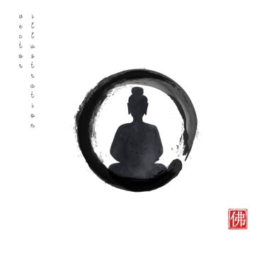 Meditasyon yapan Buda 'nın silueti, Whit üzerinde siyah enso zen dairesi.