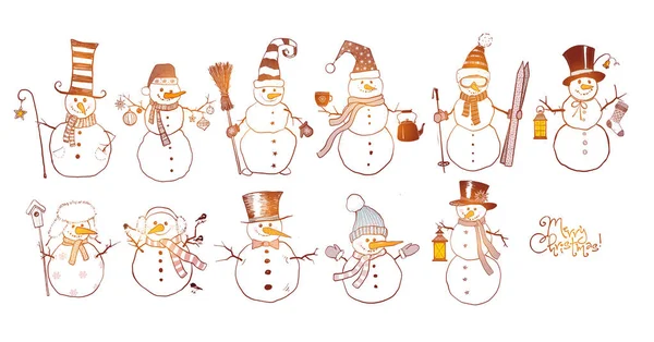 Set de divertido doodle sketch muñecos de nieve sobre fondo blanco. — Archivo Imágenes Vectoriales