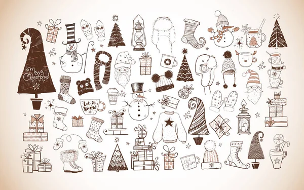 Grande conjunto de doodles de inverno em estilo vintage . — Vetor de Stock