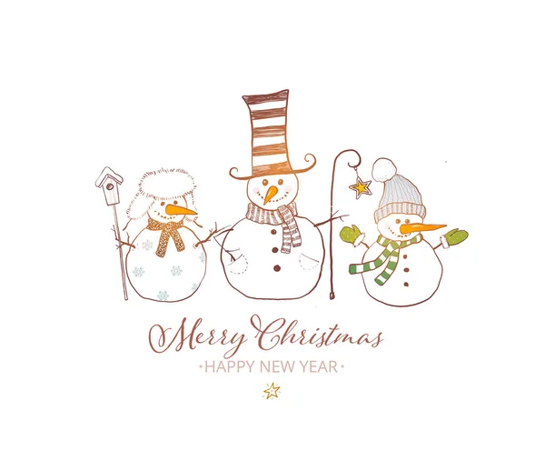 การ์ดแสดงความยินดีคริสต์มาสกับต้นไม้ ชายหิมะน่ารักบน backgrou สีขาว — ภาพเวกเตอร์สต็อก