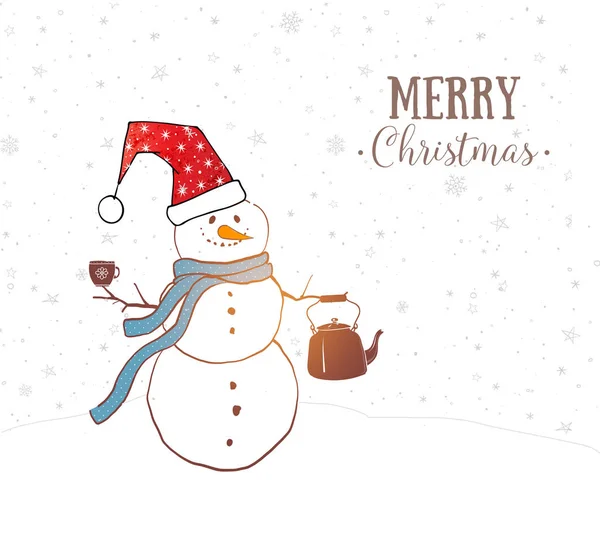 Kartka świąteczna z cute bałwana z czajniczek palenia i filiżanki — Wektor stockowy