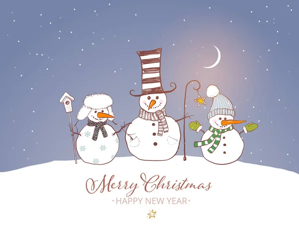 Carte de Noël avec bonhomme de neige mignon et arbre de Noël rustique sur wi — Image vectorielle
