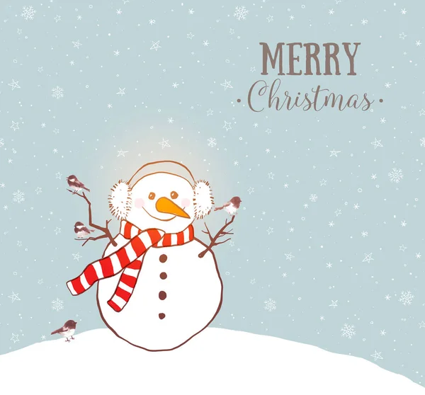 Carte de vœux de Noël avec bonhomme de neige en cache-oreilles et écharpe et l — Image vectorielle