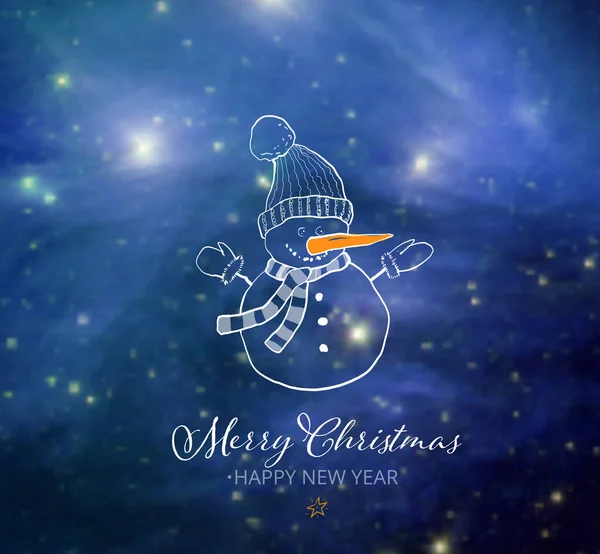 Lindo muñeco de nieve en el cielo azul noche brillante fondo. Gre de Navidad — Vector de stock