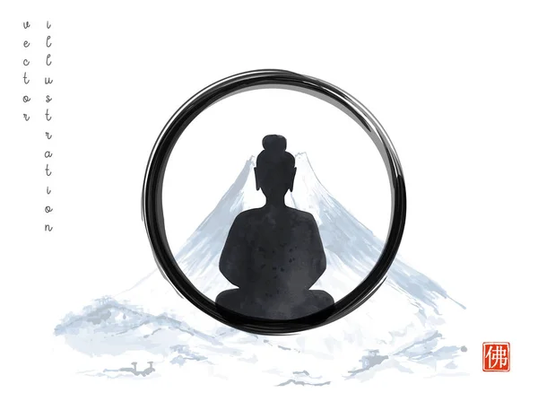Silueta meditujícího Buddhy v černém kruhu enso zen na Fuji — Stockový vektor