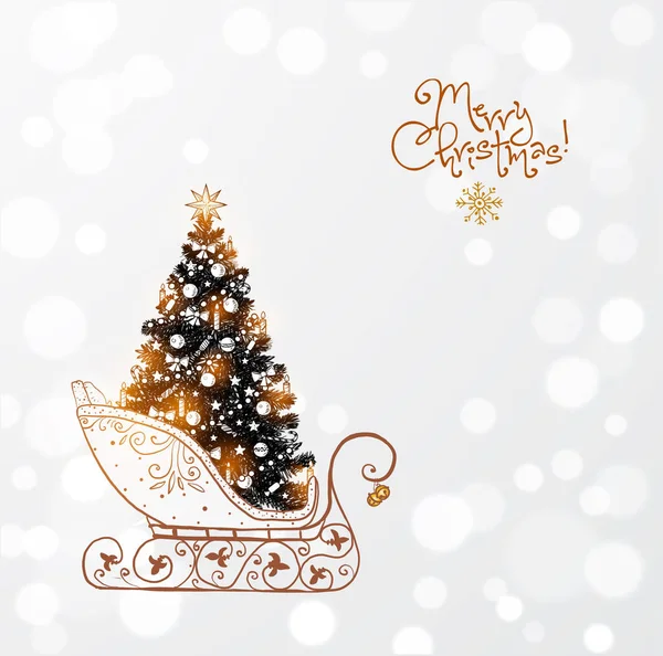 Christmas tree in vintage sleigh. Christmas greeting card. — Stock Vector