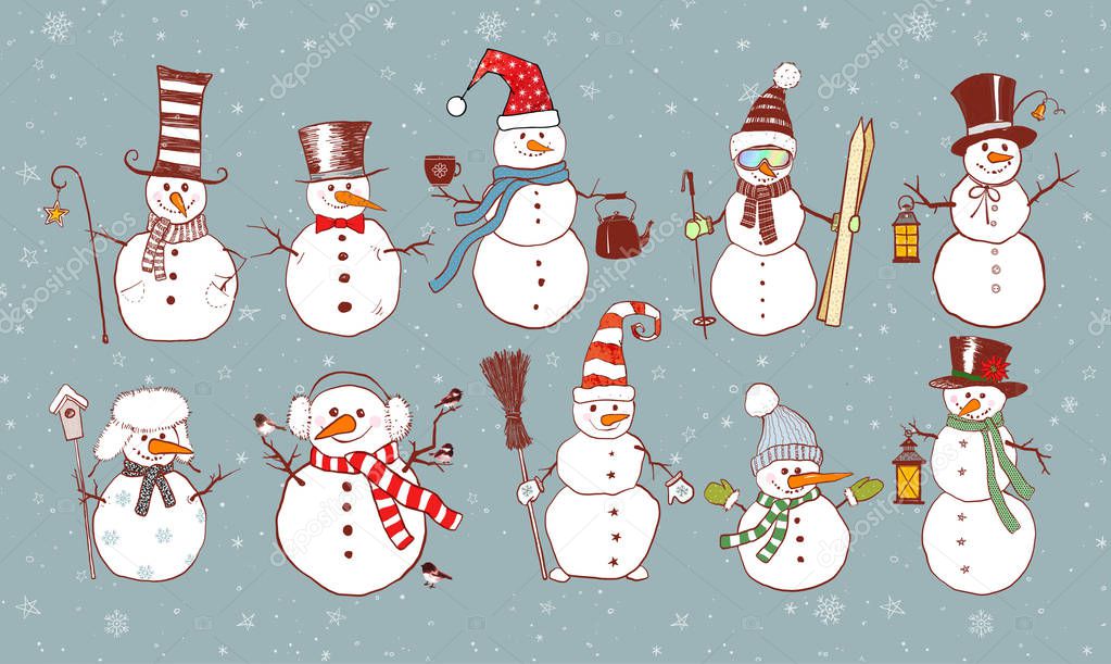 Set of doodle sketch snowmen