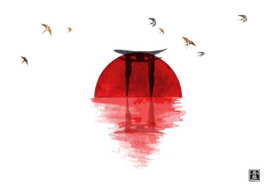 Kutsal torii kapıları, güneşin doğuşu suya yansıyan güneş ve gökyüzündeki küçük kırlangıç kuşları. Geleneksel oryantal mürekkep boyası sumi-e, u-sin, go-hua. Hiyeroglif- ruh