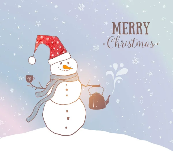 Carte Noël Avec Bonhomme Neige Mignon Avec Théière Fumante Tasse — Image vectorielle