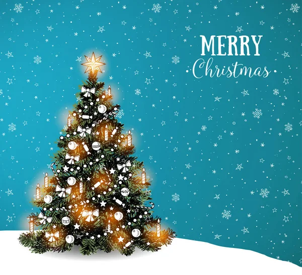 Doodle Weihnachtsbaum Auf Blauem Winterhimmel Hintergrund Mit Schneeflocken Weihnachtsgrußkarte — Stockvektor