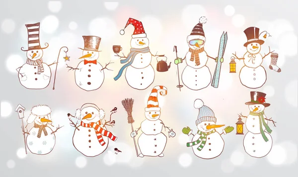 Set de divertido doodle sketch muñecos de nieve sobre fondo blanco brillante . — Archivo Imágenes Vectoriales