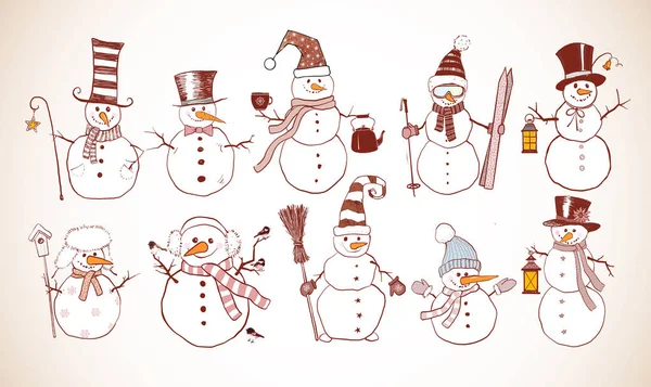 Set de divertido doodle sketch muñecos de nieve en estilo vintage . — Archivo Imágenes Vectoriales