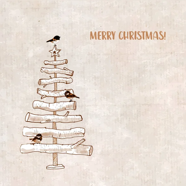 Árbol de Navidad hecho de ramas de árbol aserrado y pequeños pájaros sitti — Vector de stock