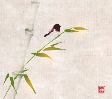 Bambu ağacı illüstrasyonundaki kuşlar 