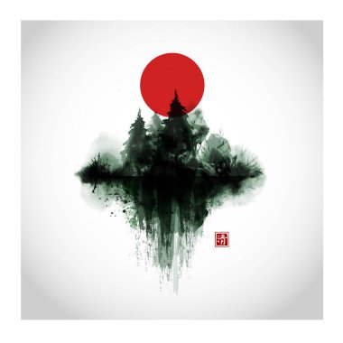 Büyük kırmızı güneş ve beyaz arka planda yeşil sisli orman olan mürekkep boyası. Geleneksel oryantal mürekkep boyası sumi-e, u-sin, go-hua. Hiyeroglif- berraklık.