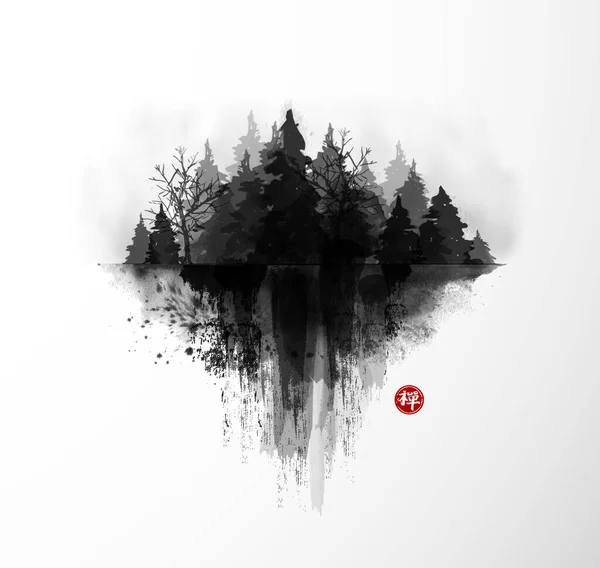 Pintura Lavado Tinta Con Árboles Oscuros Bosque Brumoso Sobre Fondo — Vector de stock