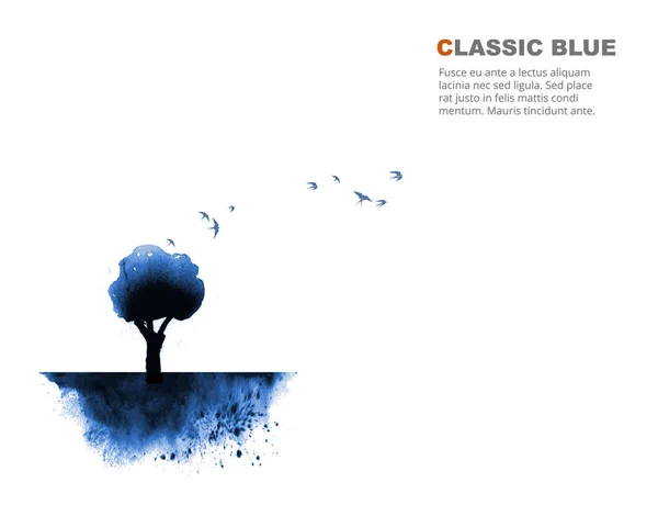 Albero Blu Stormo Uccelli Sfondo Bianco Classico Blu Colore Dell — Vettoriale Stock