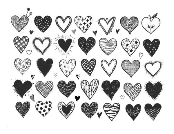 Set Hand Drawn Black Doodle Sketch Hearts White Background Vector — Stock Vector