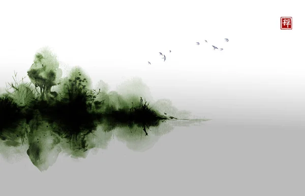 Île Brumeuse Avec Des Arbres Forestiers Verts Reflétant Dans Eau — Image vectorielle
