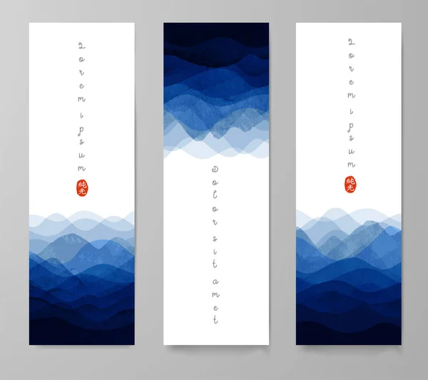 Three Banners Blue Waves White Background Traditional Japanese Ink Wash — Stock Vector